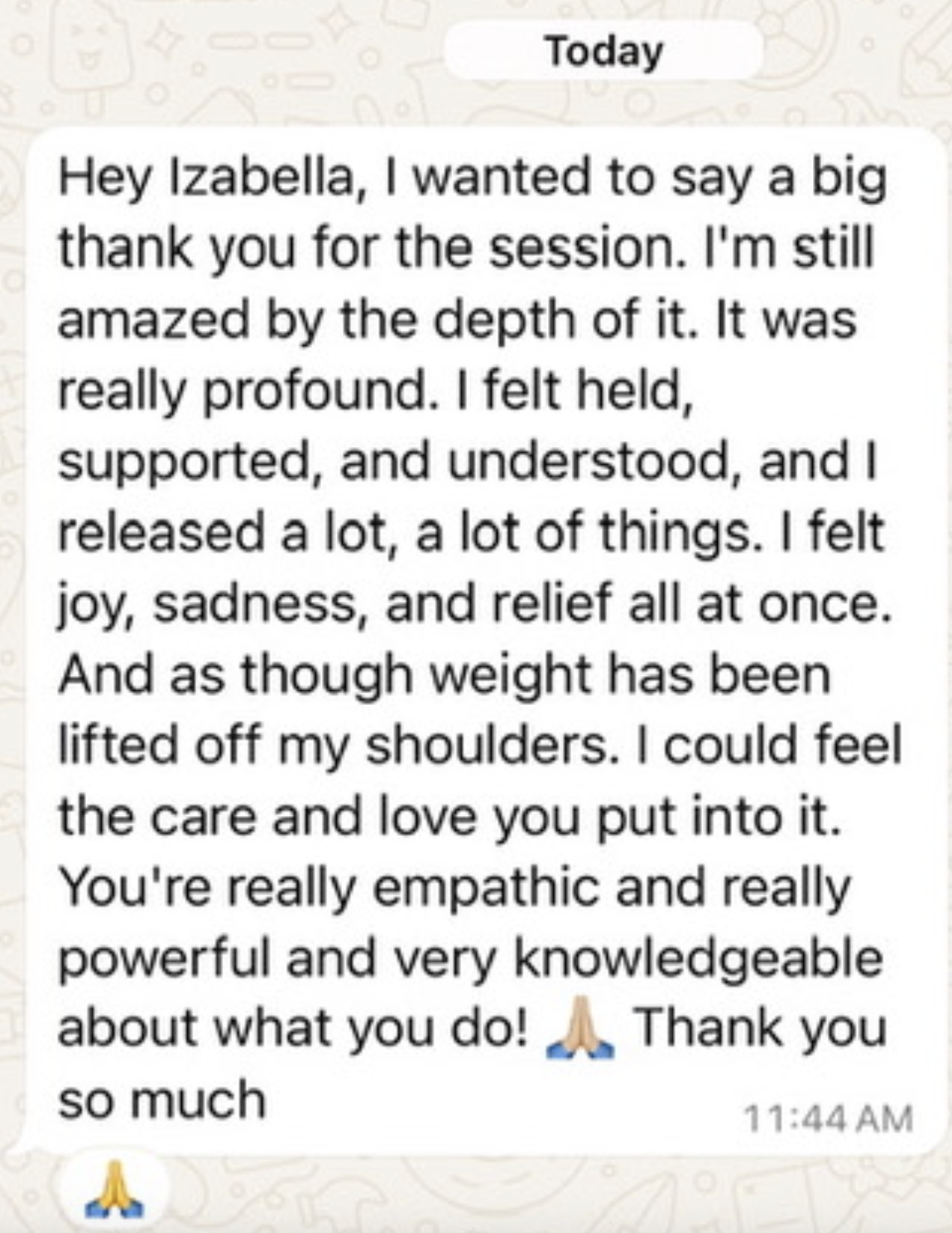 WhatsApp message from a client thanking Izabella for a session that felt held, supported, and understood, with joy, sadness, and relief released